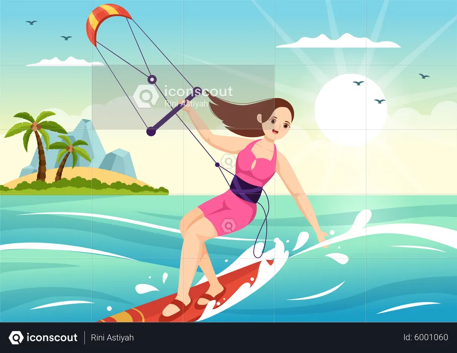 Female Riding Surfboard  Illustration