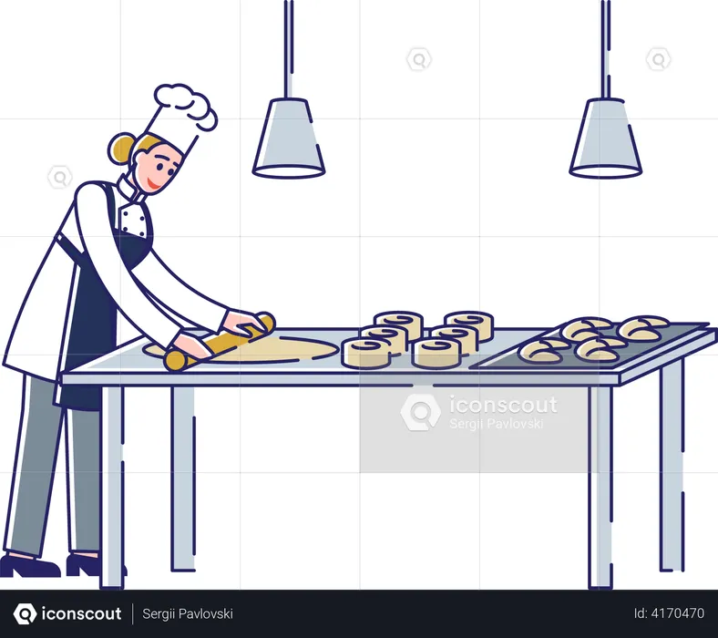 Female Rolling Out Dough And Making Fresh Bakery Products  Illustration