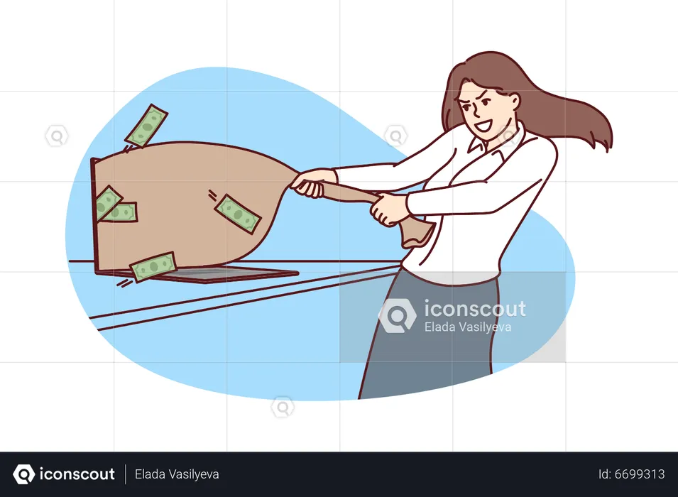 Female scammer pulling money online  Illustration