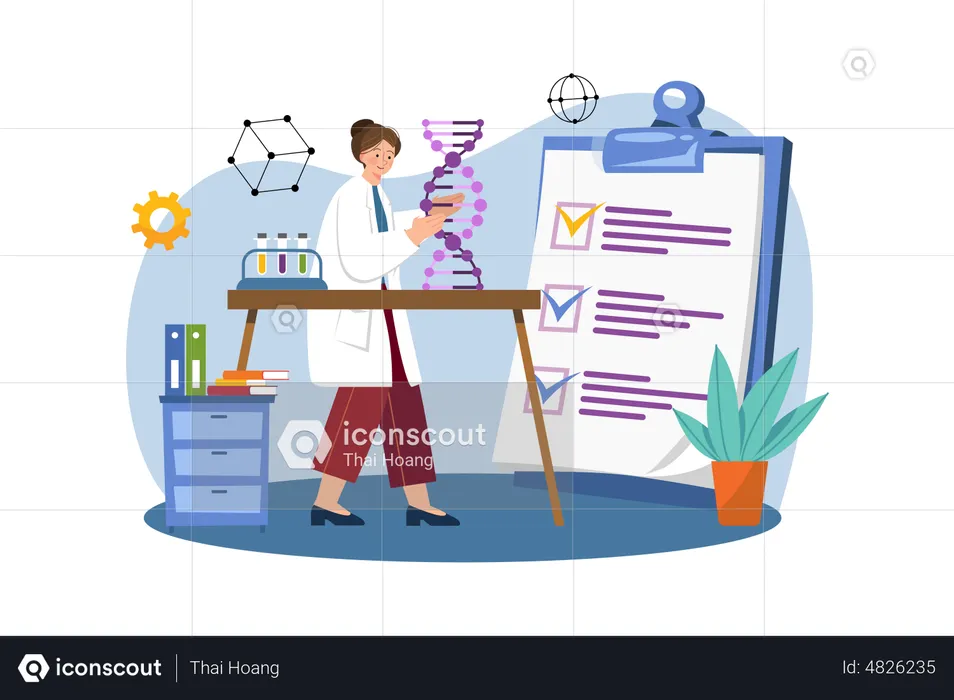 Female scientist doing DNA research  Illustration