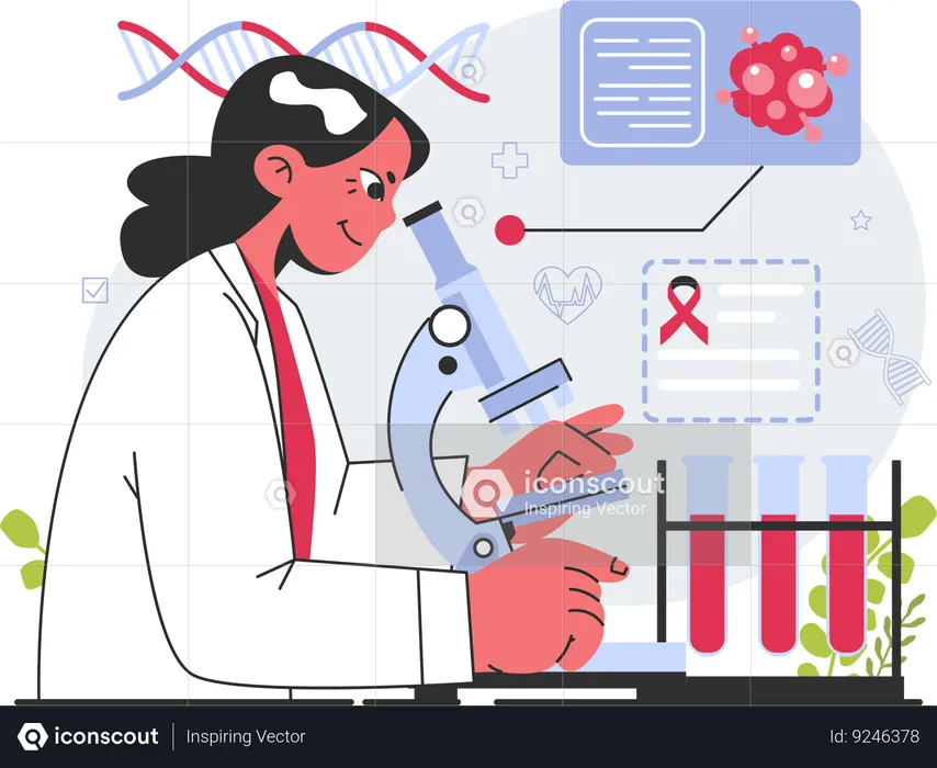Female scientist doing experiment on cancer  Illustration