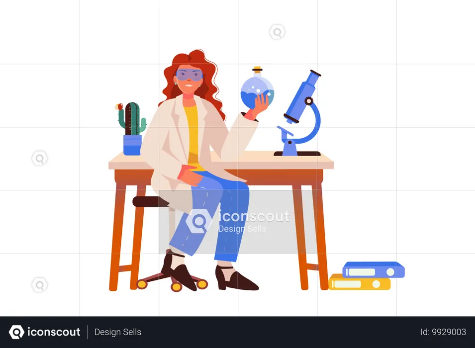 Female scientist finished chemical experiment and is proud of result  Illustration