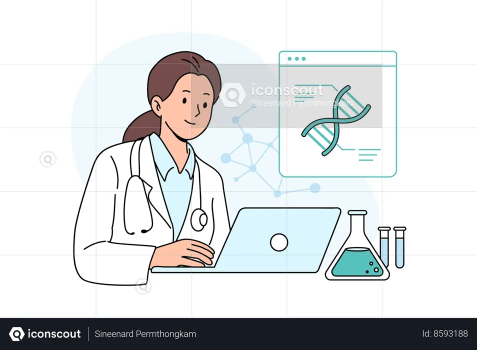 Female scientist working on gene development  Illustration