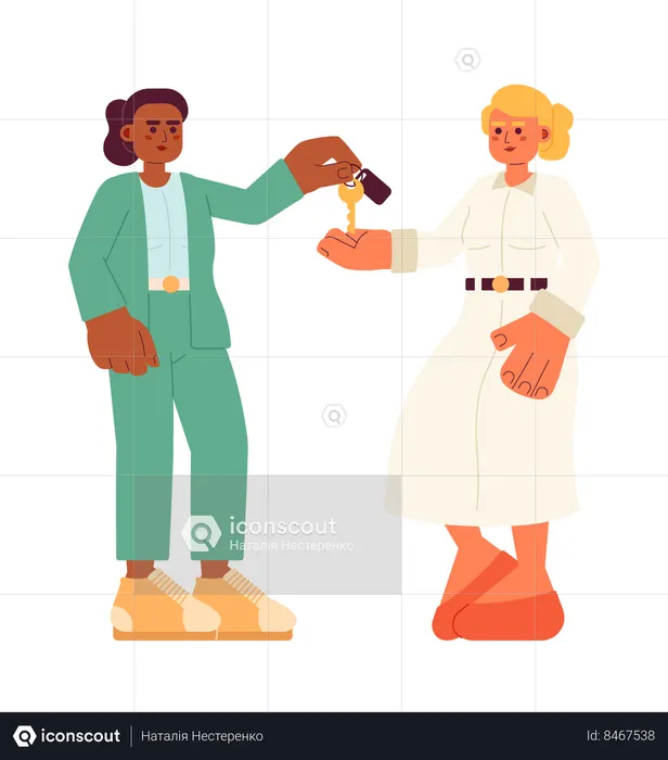 Female seller buyer handing over key  Illustration