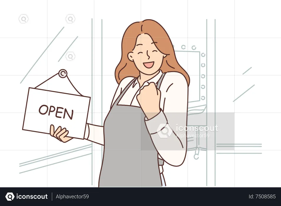 Female shop owner putting open signboard  Illustration
