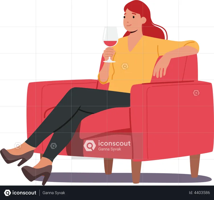 Female Sit on Armchair Holding Wineglass in Hand  Illustration