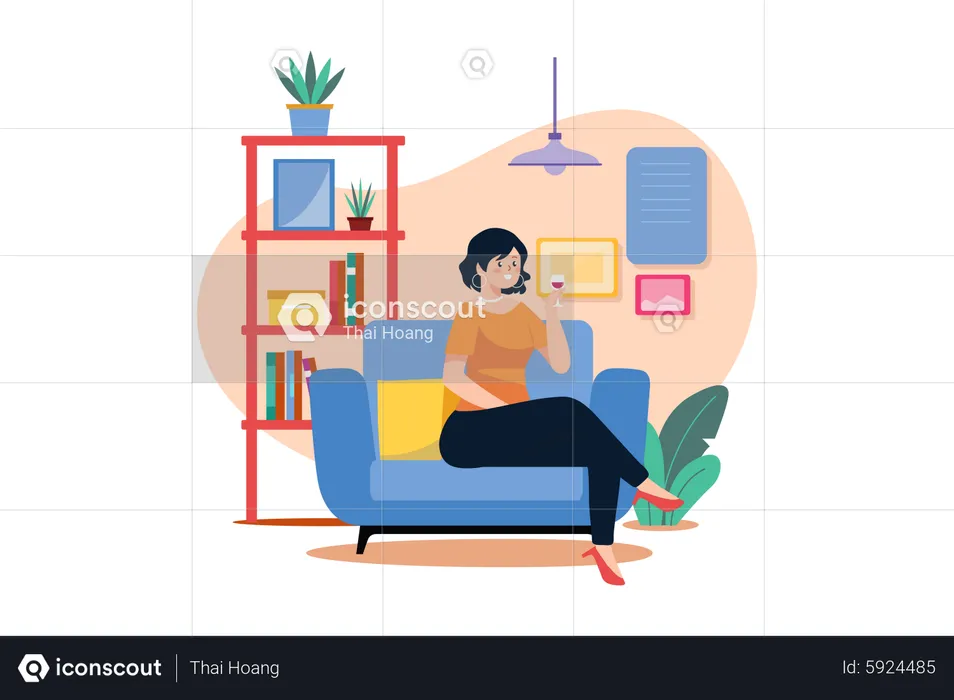 Female sit on armchair holding wineglass in hand  Illustration