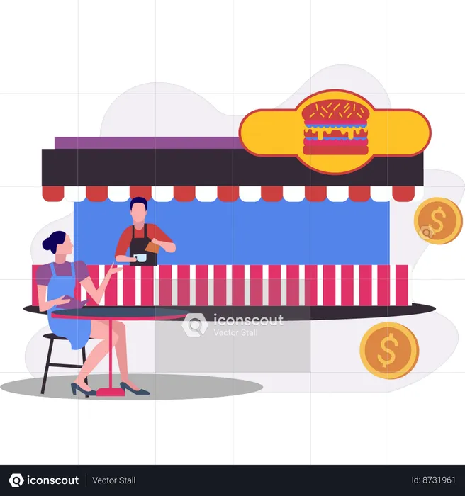 Female sitting at  burger stall  Illustration