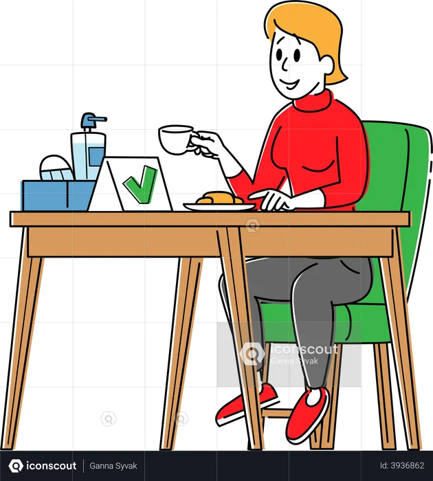 Female Sitting at Disinfected Cafe Table Drinking Coffee  Illustration