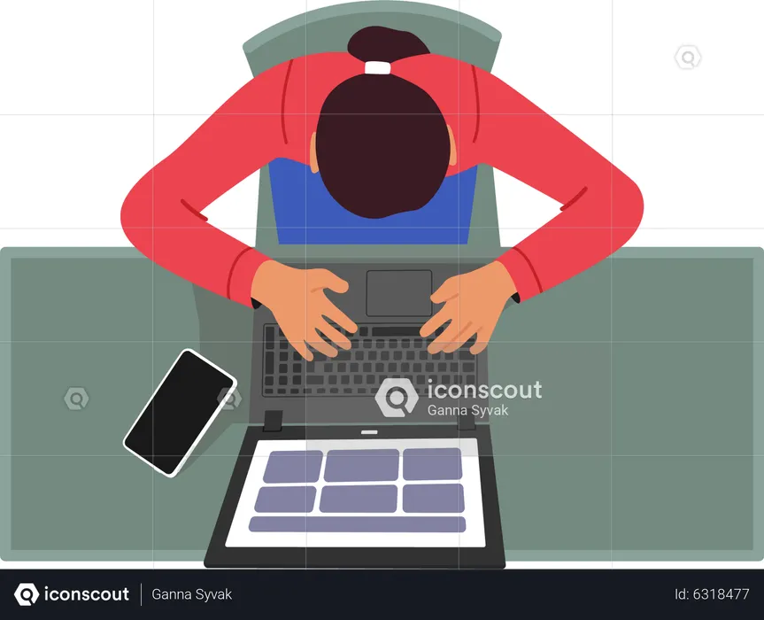 Female Sitting At Office Desk With Laptop And Smartphone  Illustration