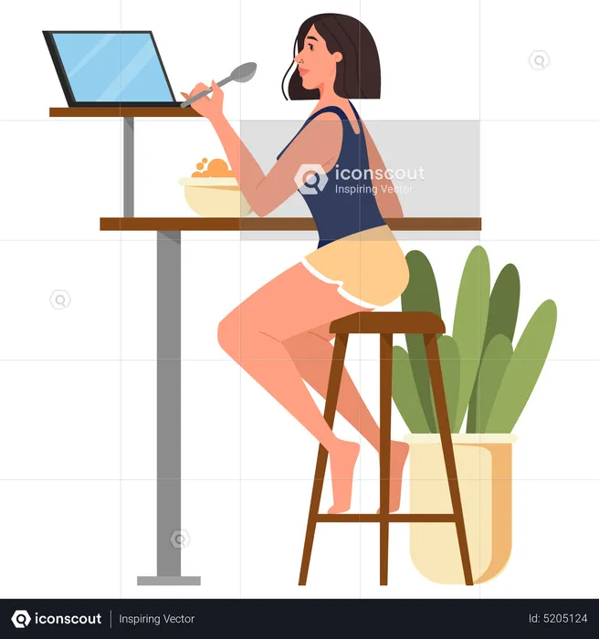 Female sitting at the table and watching movie on laptop  Illustration