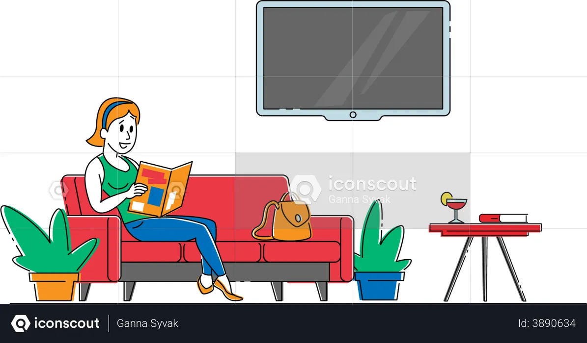 Female Sitting on Couch Reading Magazine  Illustration
