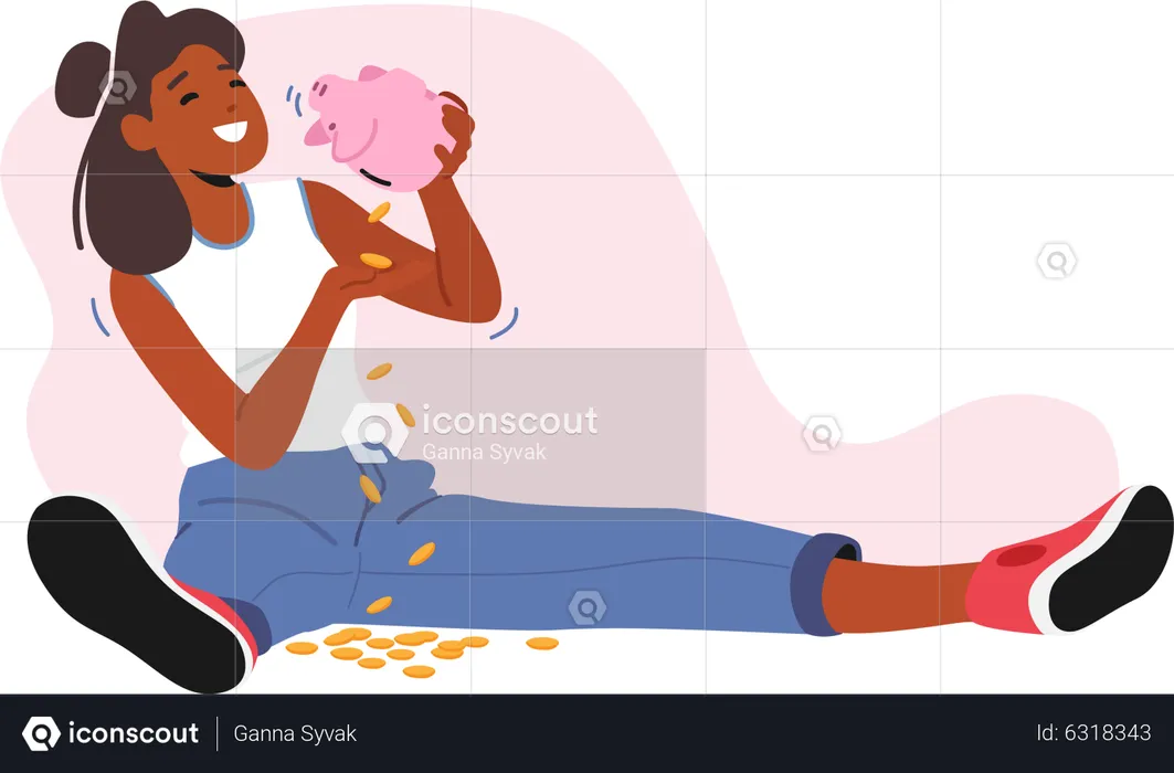 Female Sitting on Floor Shaking Piggy Bank with Money Falling Down  Illustration