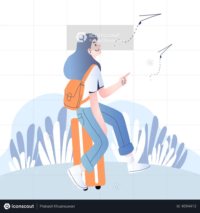 Female sitting on suitcase and looking at paper plane  Illustration