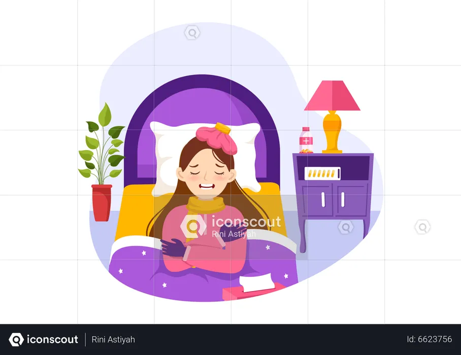 Female sneezing and lying on bed at home  Illustration