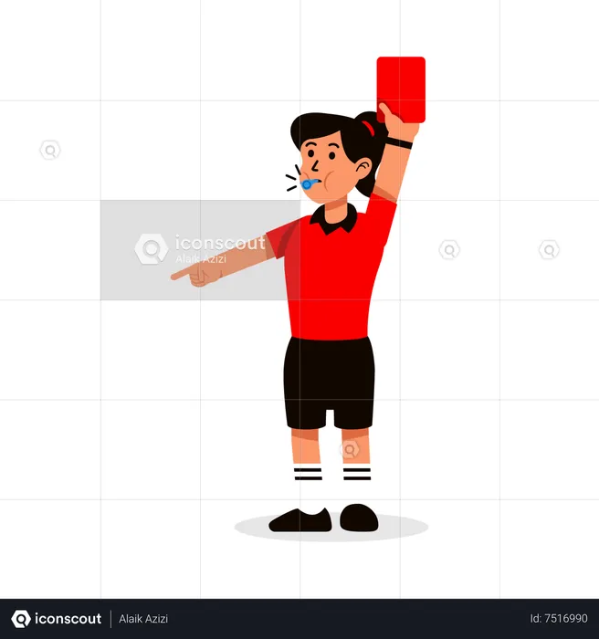 Female soccer referee blowing whistle and showing red card  Illustration
