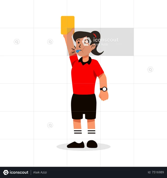 Female soccer referee blowing whistle and showing yellow card  Illustration