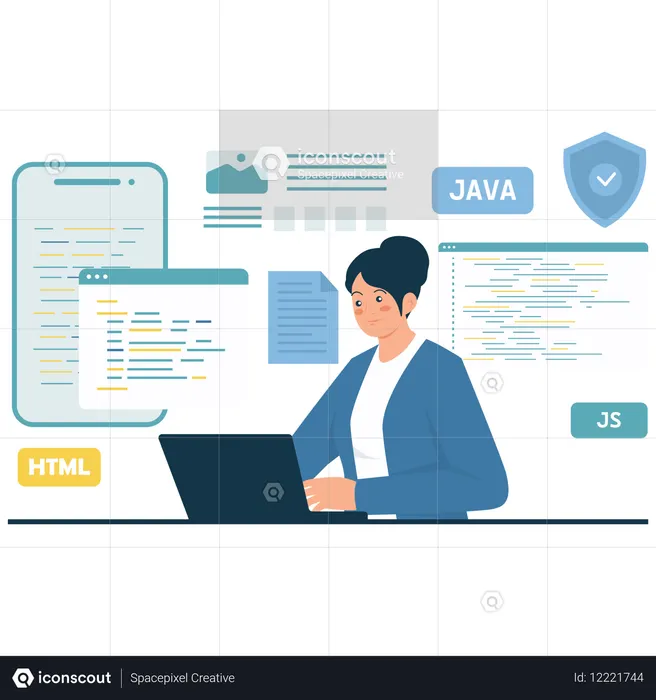 Female Software Engineer learns JAVA language  Illustration