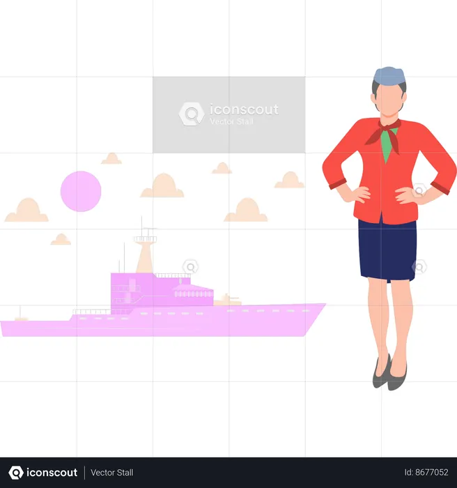 Female staff is standing near the cruise ship  Illustration