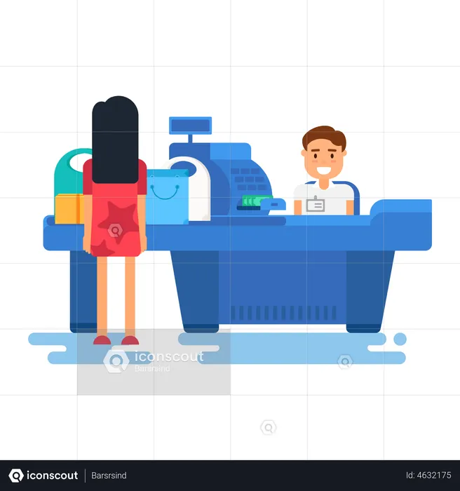 Female standing at cashier counter  Illustration