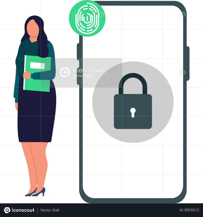 Female standing beside phone with padlock  Illustration