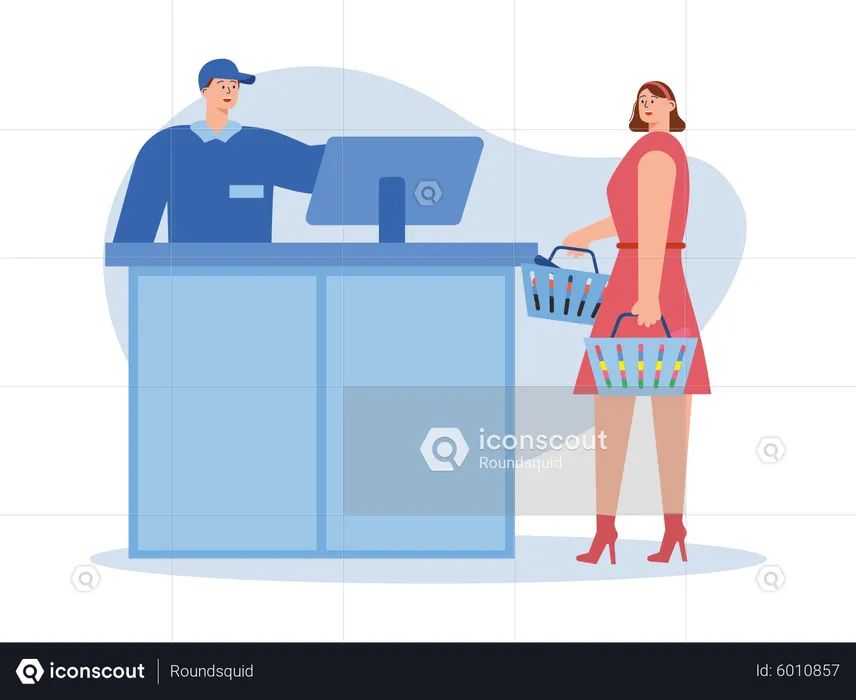 Female standing on cash counter  Illustration