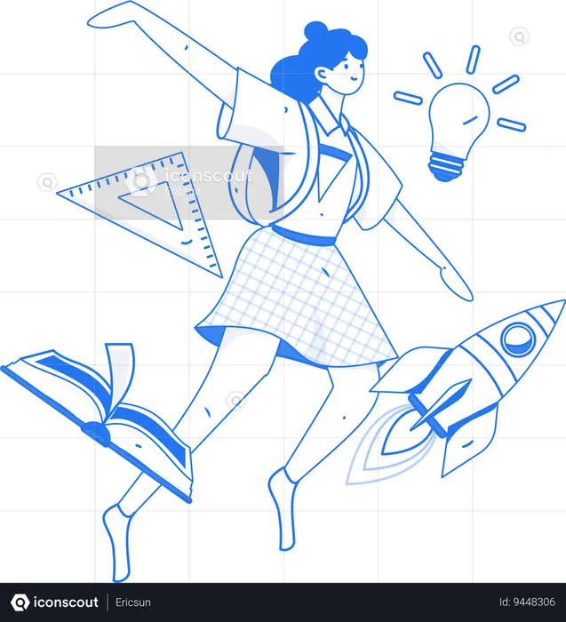 Female student flying in air while doing education startup  Illustration