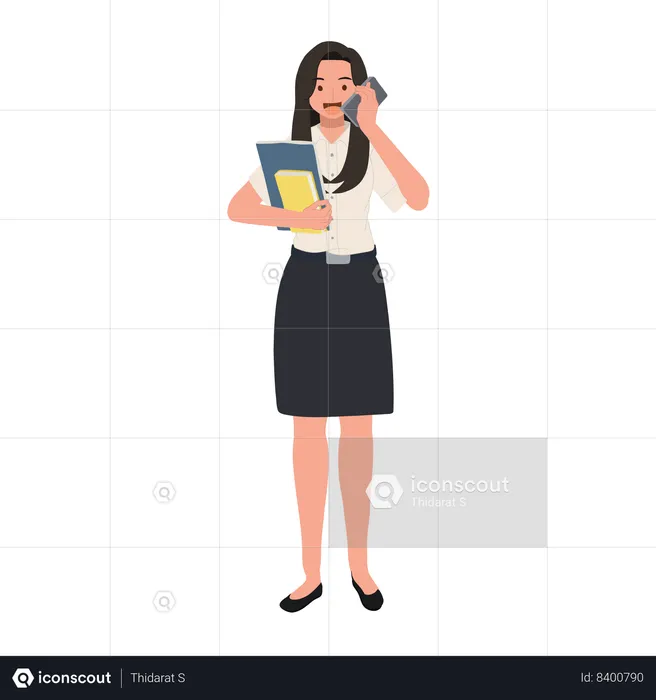 Female Student in Uniform Holding Books and talking on the phone  Illustration