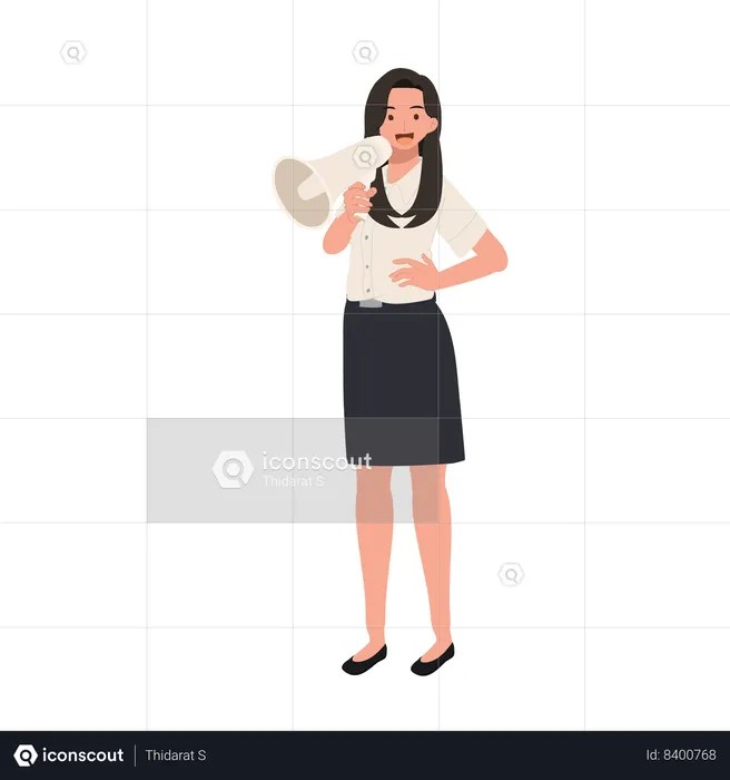 Female Student in Uniform Shouting with Megaphone  Illustration