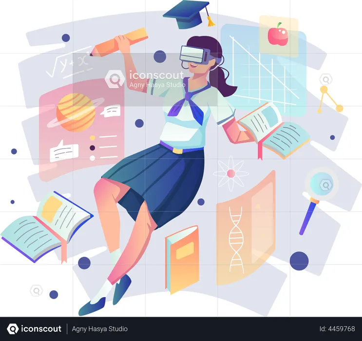 Female student is studying with wearing a VR Headset  Illustration