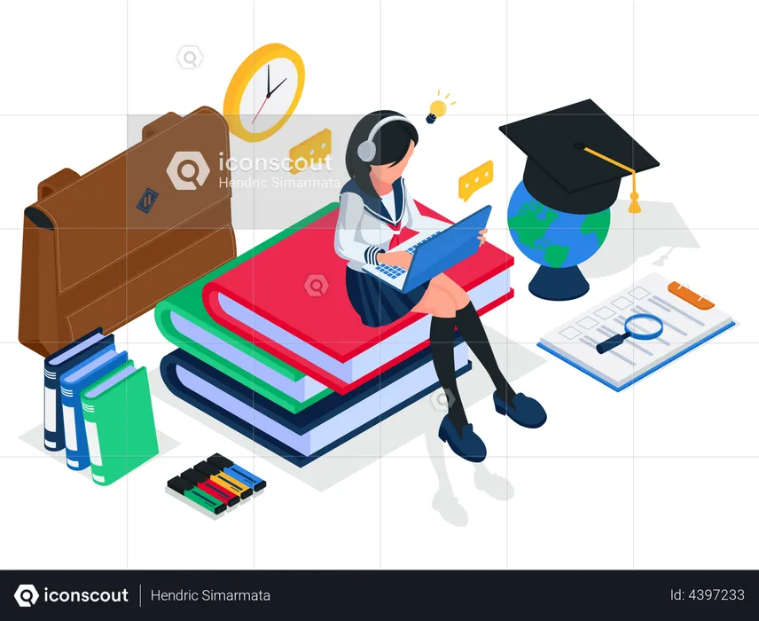 Female student listening audiobook from laptop and sit on stack of books  Illustration