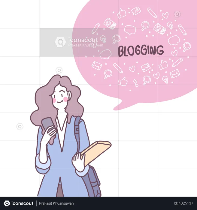 Female student reading blogs on mobile  Illustration