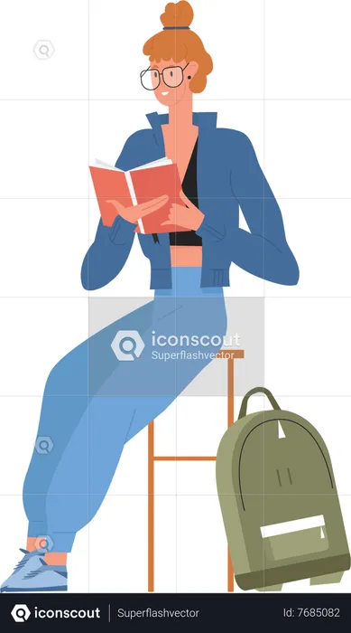 Female student reading book  Illustration