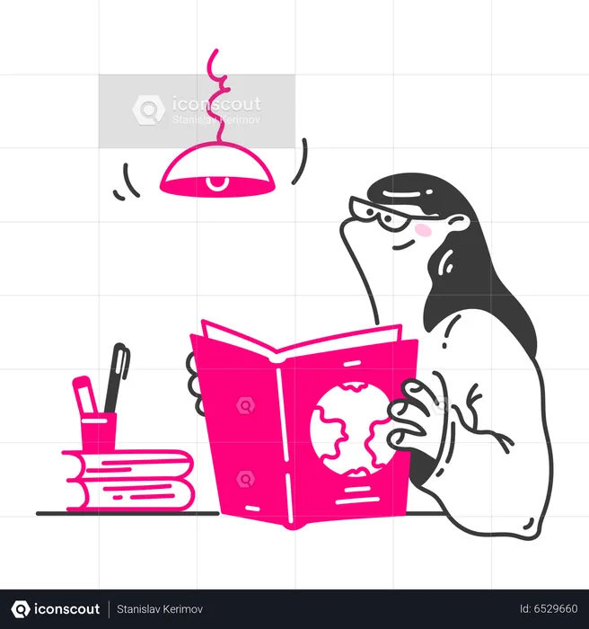 Female student reading geography book  Illustration