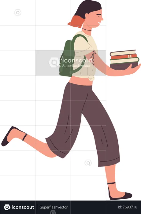 Female student running with books  Illustration