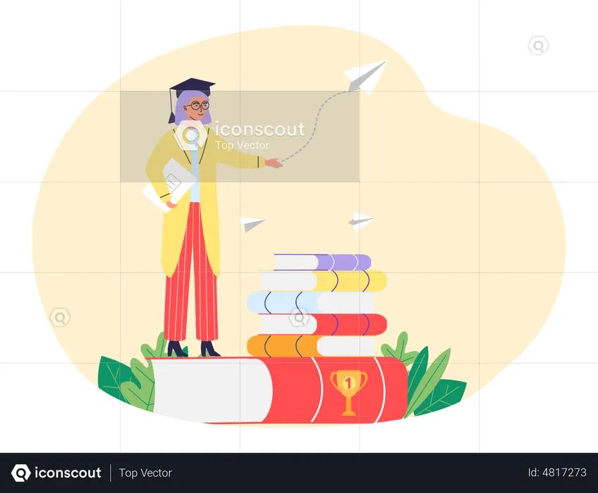 Female student standing on pile of books with notebook in her hands  Illustration