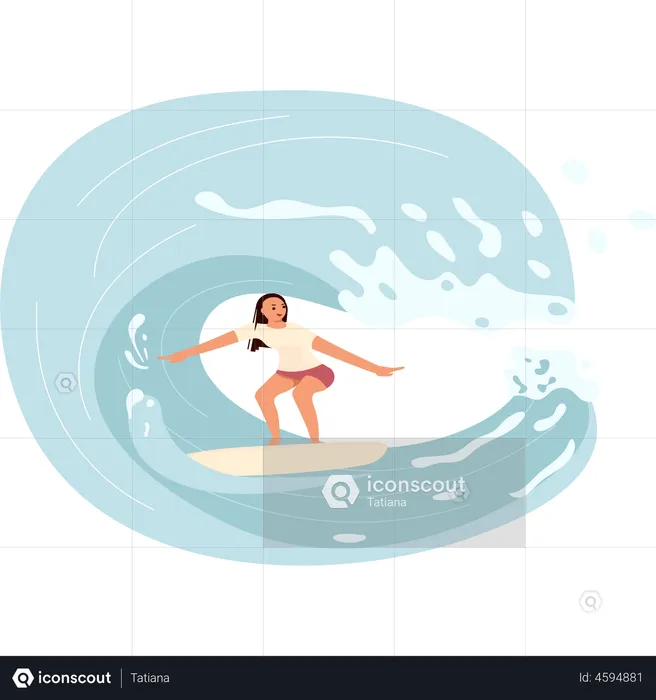 Female surfer rides the Barreled Rushing Wave  Illustration