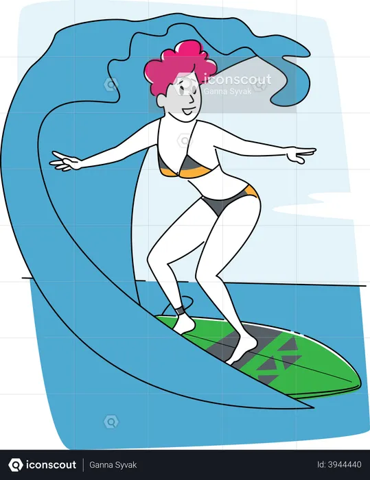 Female Surfing in Sea Wave  Illustration