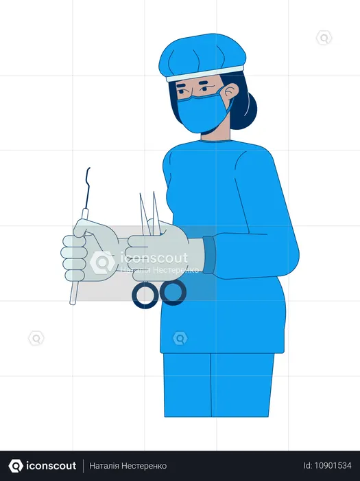 青いスクラブを着て手術器具を持っている女性外科医  イラスト