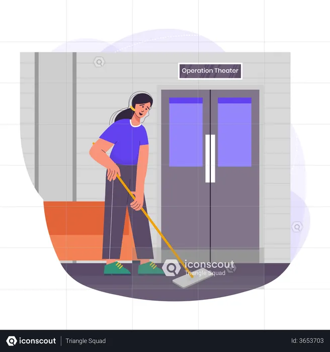 Female sweeper doing work at hospital  Illustration