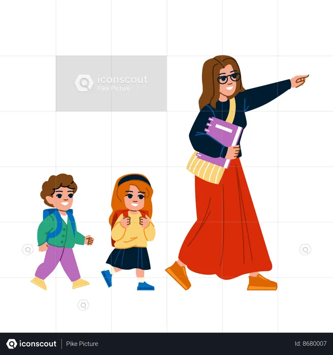 Female teacher and kids on school trip  Illustration