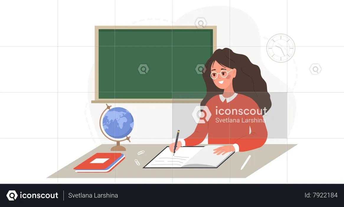 Female teacher checking homework  Illustration