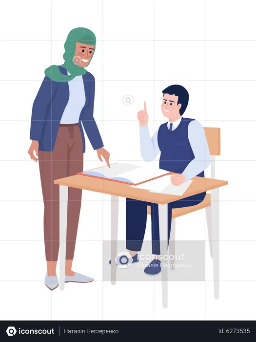 Female teacher exchanging thoughts with student  Illustration