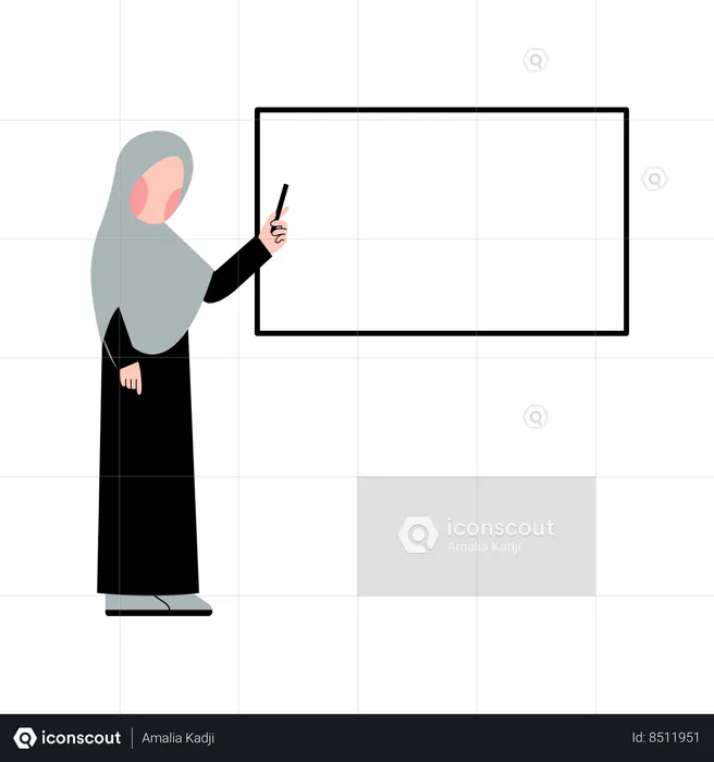 Female teacher is explaining chapter stepwise on blackboard  Illustration