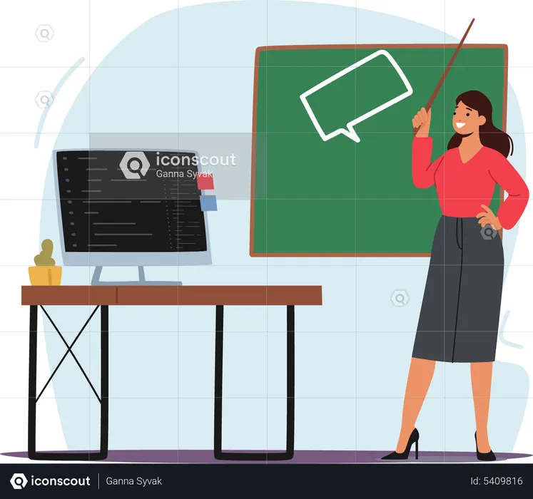 Female teacher learning in classroom  Illustration