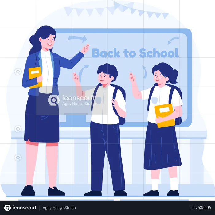 Female Teacher welcomes students into the class  Illustration