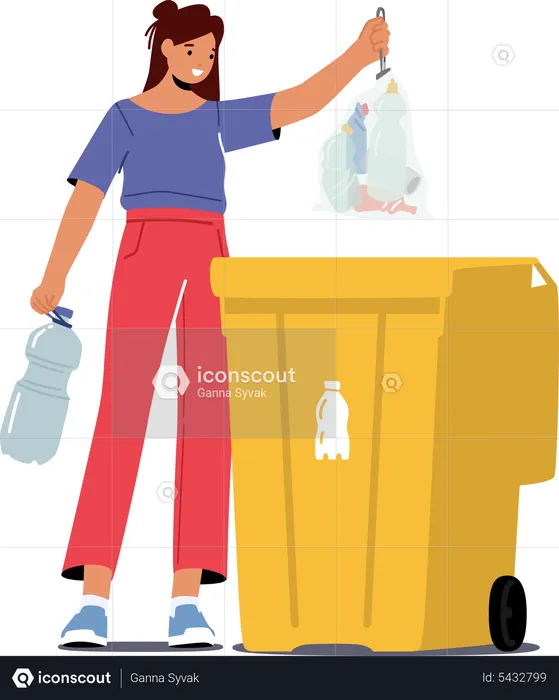 Female Throw Trash into Litter Bin with Bottle Sign  Illustration