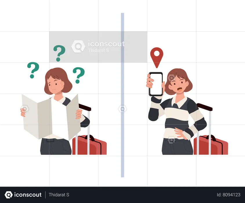 Female Tourist Holding Road Map and getting confuse VS holding mobile smart phone with mobile gps searching point  Illustration