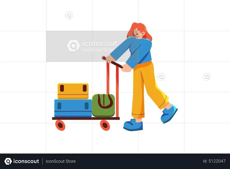 Female tourist pushing luggage trolley  Illustration