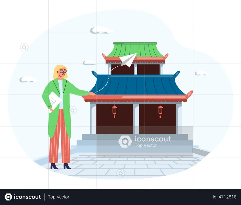 Female tourist stands next to wooden temple  Illustration